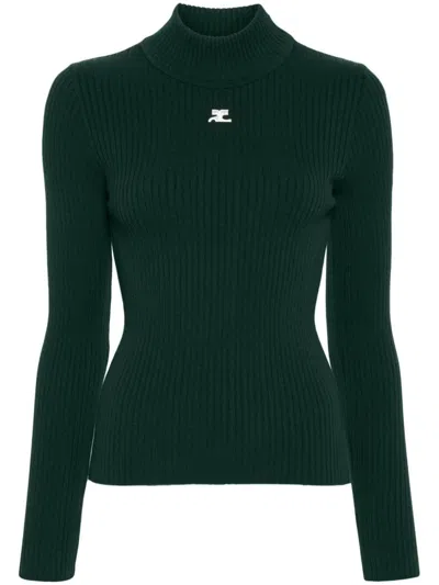 Courrèges Re-edition Rib Knit Mockneck Sweater In Green