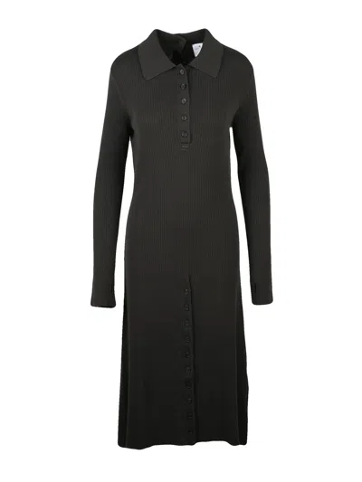 Courrèges Ribbed Knit Midi Dress With Button Placket And Textured Pattern In Black