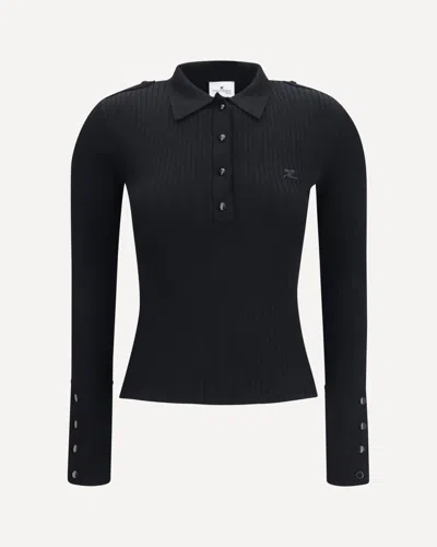 Courrèges Ribbed Knit Polo Shirt In Black