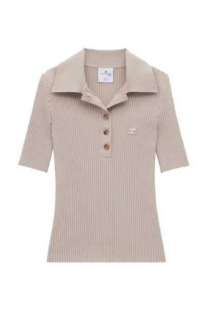 Courrèges Ribbed-knit Polo Top In Brown