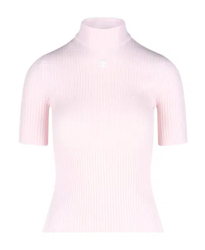 Courrèges Ribbed-knit Short-sleeve Top In Pink