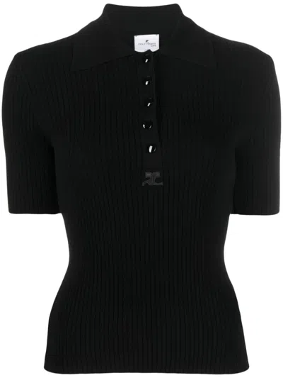 Courrèges Ribbed-knit Short-sleeve Top In Schwarz