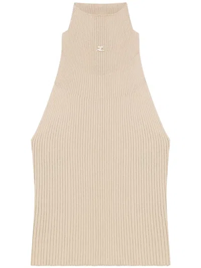 Courrèges Mockneck Ribbed Cotton-wool Top In Nude