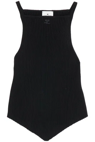 Courrèges "ribbed Knit Tank Top With Pointed Hem In Nero