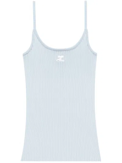Courrèges Ribbed Knit Tank Top With Spaghetti Straps In Blue