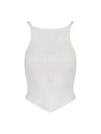 Courrèges Ribbed Knit Top With Thin Shoulder Straps And Pointed Hem In White