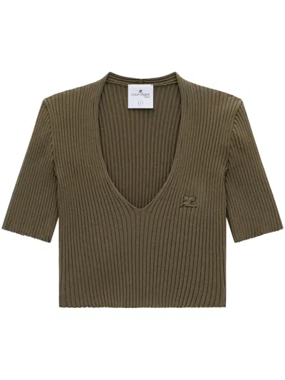 Courrèges Ribbed Knit V-neck Top In Green