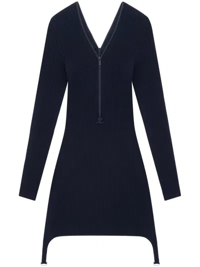 Courrèges Zip-detailed Ribbed-knit Mini Dress In Navy