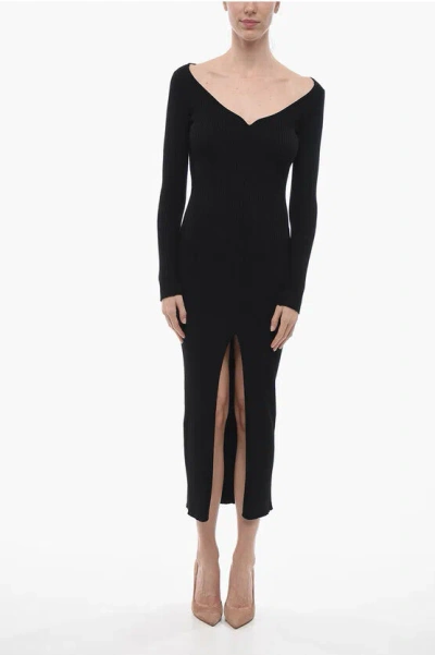 Courrèges Ribbed Knitted Dress With Front Split In Black