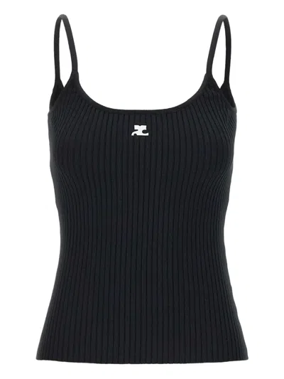 Courrèges Ribbed Spaghetti Strap Top With Elegant Logo Detail And Luxurious Fabric Blend In Black