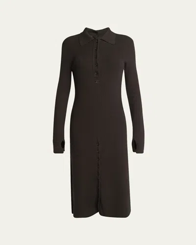 Courrèges Ribbed Multi Button Collared Wool Midi Dress In Mud Brown