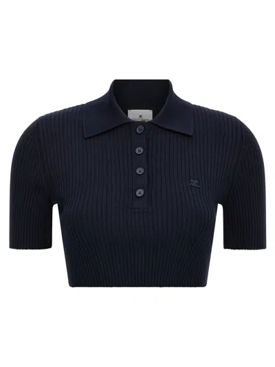 Courrèges Ribbed Polo Shirt Short Sleeves In Blue