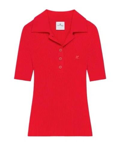 Courrèges Ribbed Polo Top In Red