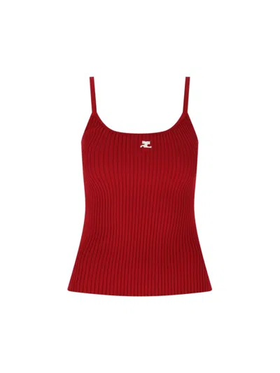Courrèges Ribbed Red  Tank Top With Logo Patch