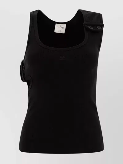 Courrèges Ribbed Scoop Neck Sleeveless Button Top In Black