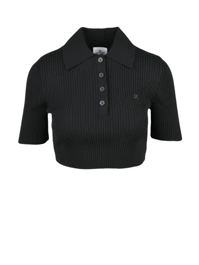 Courrèges Ribbed Short Knit Polo With Classic Collar And Embroidered Logo In Black