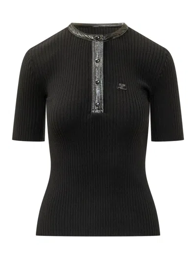Courrèges Courreges Ribbed Short Sleeve Top In Black