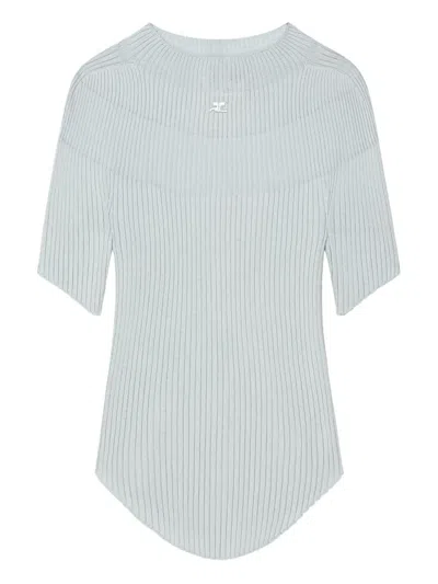 Courrèges Ribbed Short Sleeve Top In Blue