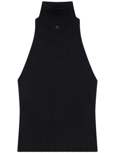Courrèges Ribbed Sleeveless Tank Top In Cotton And Merino Wool Blend In Black