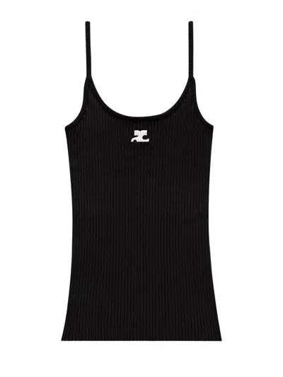 Courrèges Ribbed Slim-fit Tank Top With Scoop Neckline And Logo Detail In Black