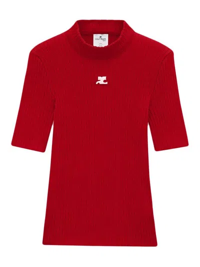 Courrèges Mock-neck Short-sleeve Rib Pullover In Brown