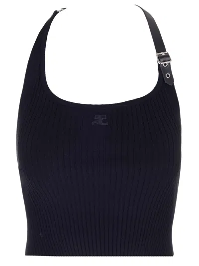 Courrèges Ribbed Tank Top With Buckle In Black