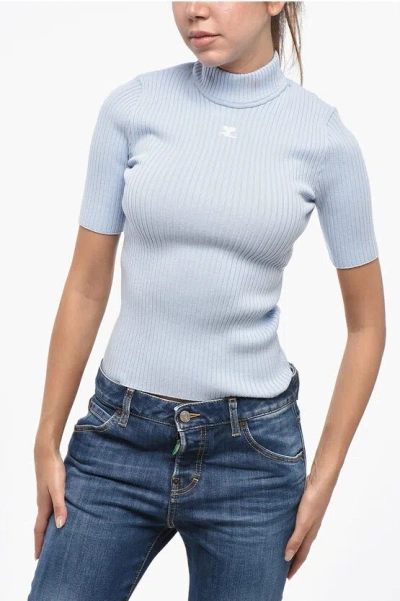 Courrèges Ribbed Turtleneck Sweater With Monogram In Blue