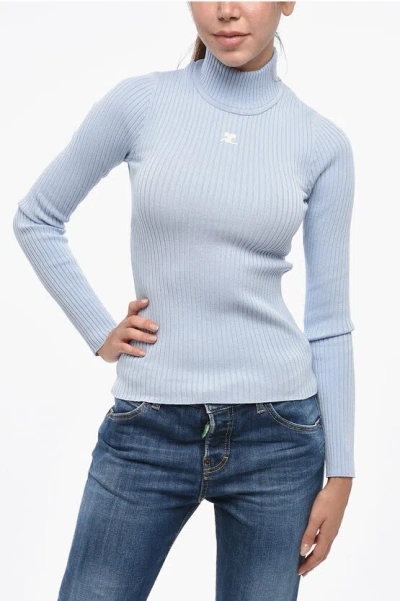 Courrèges Ribbed High Neck Sweater With Subtle Logo In Blue