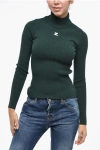 Courrèges Ribbed Turtleneck Sweater With Monogram In Green