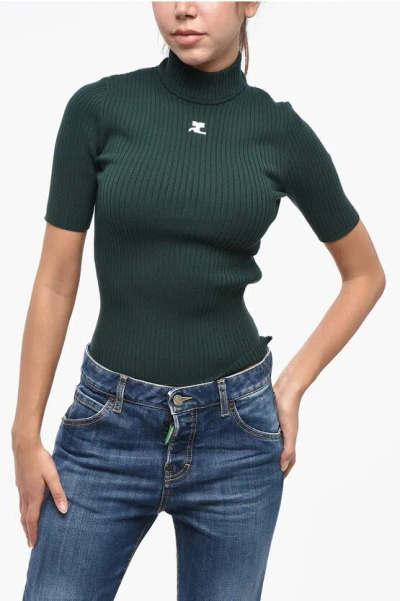 Courrèges Ribbed Turtleneck Sweater With Monogram In Green