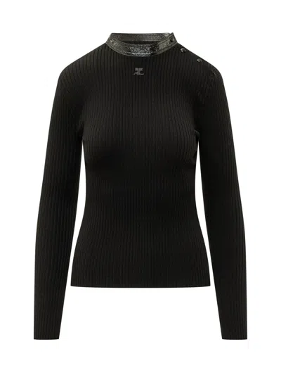 Courrèges Courreges Ribbed Vinyl Knit Sweater In Black