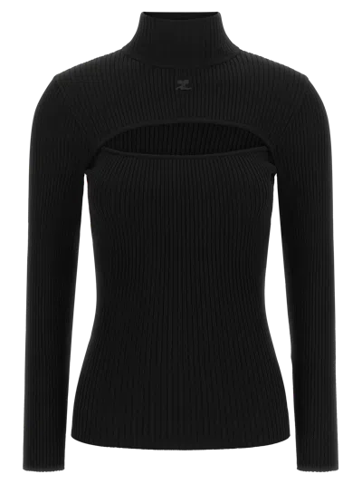 Courrèges Ribbed Viscose With Cut-out Sweater In Black