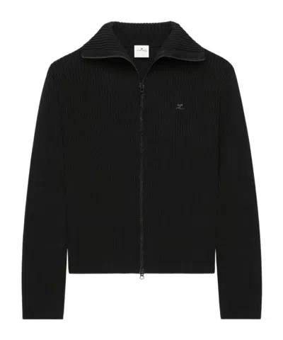 Courrèges Ribbed-knit Zipped Cardigan In Black
