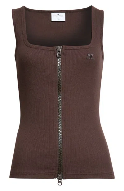 Courrèges Ribbed Zip Front Tank In Brown