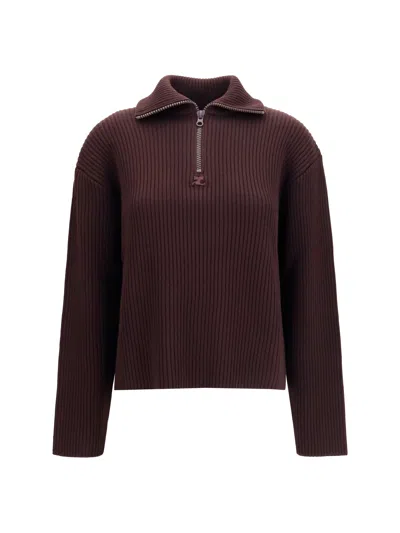 Courrèges Ribbed Zip Merino Wool Sweater In Burgundy
