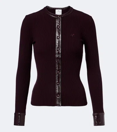 Courrèges Ribbed Knit Cardigan With Vinyl Trim In Burgundy In Brown