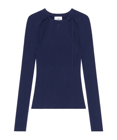 Courrèges Ribbed-knit Cut-out T-shirt In Blue