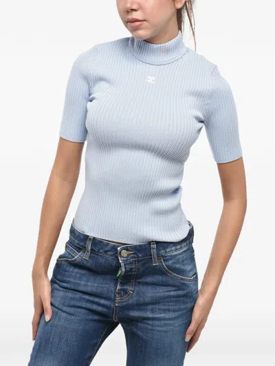 Courrèges Ribbed-knit Logo-embroidered T-shirt In Blue