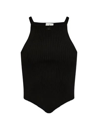 Courrèges Ribbed-knit Logo-patch Tank Top In Black