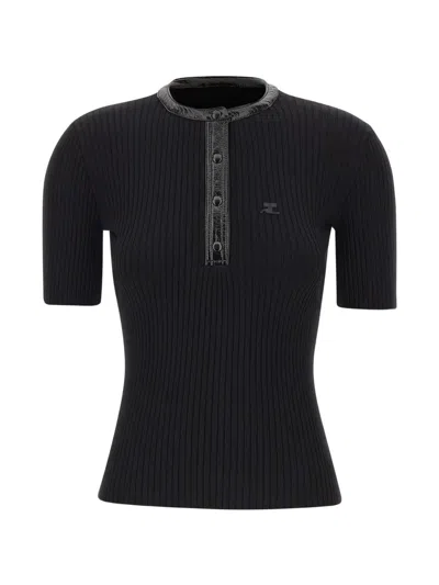 Courrèges Ribbed-knit Vinyl-trim Sweater In Black