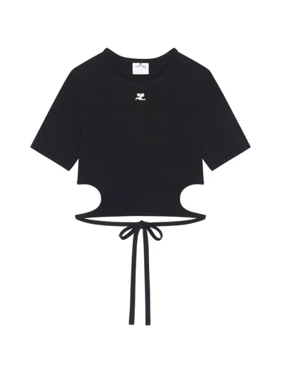 Courrèges Cropped T-shirt With Embroidered Logo And Cut-out Detail In Black