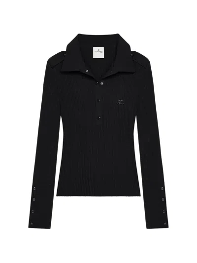 Courrèges Rib-knit Logo-detail Polo Shirt In Black