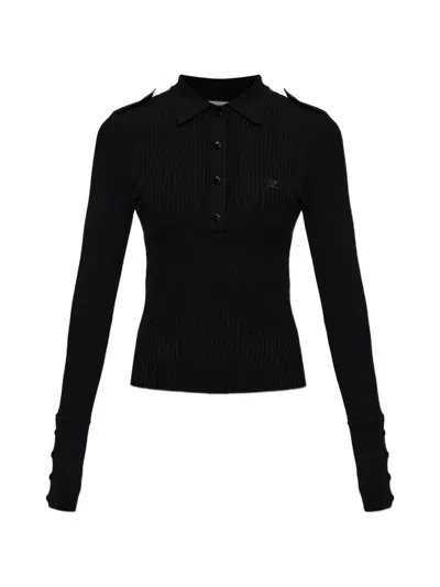 Courrèges Rib-knit Logo-detail Polo Shirt In Black