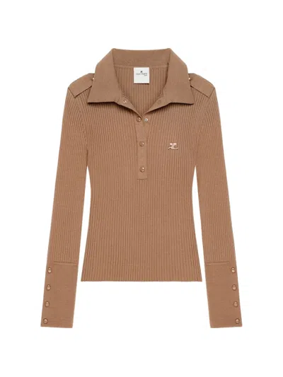 Courrèges Rib-knit Long-sleeve Polo Shirt In Brown