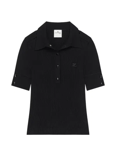 Courrèges Rib-knit Short-sleeved Polo Shirt In Black