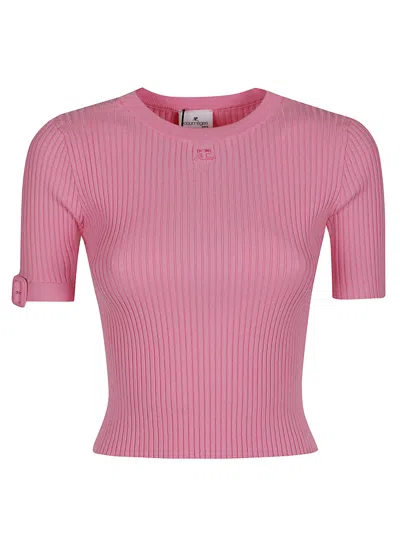 Courrèges Round Neck Ribbed Viscose-blend Knit Top In Pink
