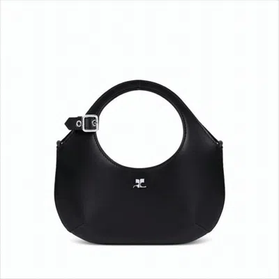 Courrèges Rounded Calf Leather Shoulder Bag With Circular Handle Cutout In Black