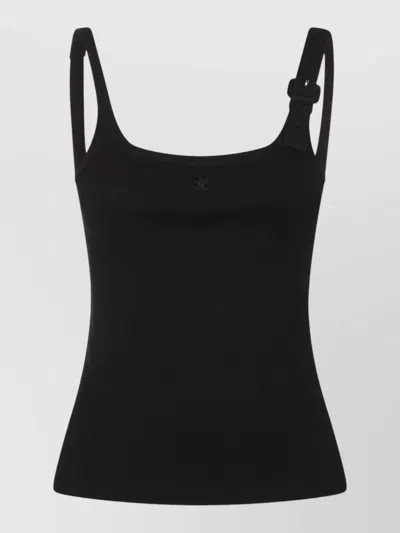 Courrèges Scoop Neck Ribbed Top Adjustable Straps In Black