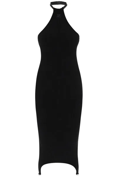 Courrèges Rib-knit Midi Dress With Suspender Detail In Nero