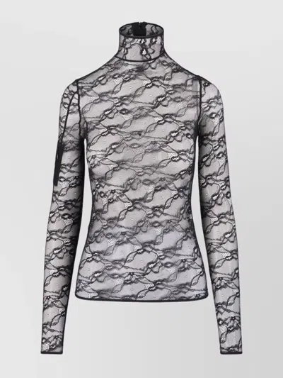 Courrèges Intricately Designed Sheer Lace Top With High Neckline In Black